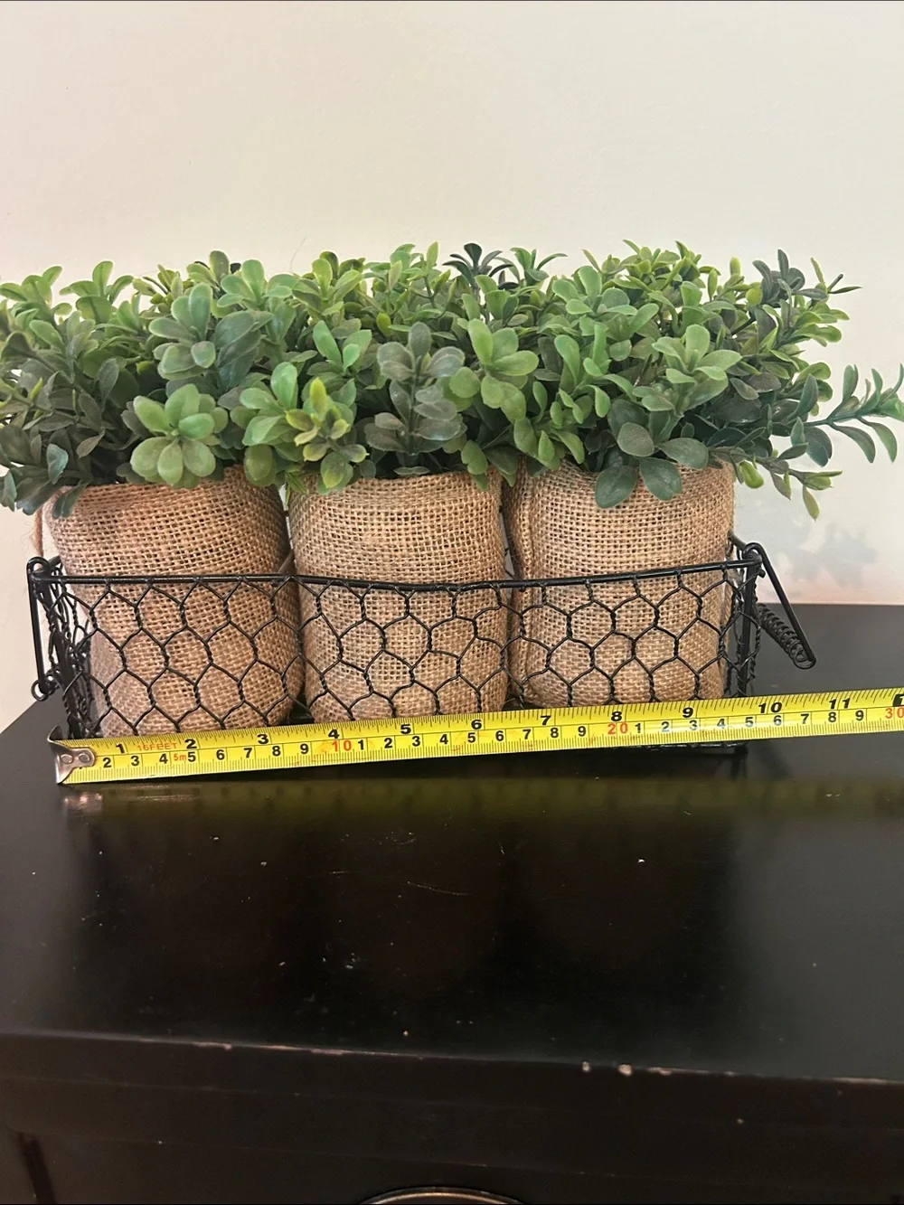 Burlap-Wrapped Faux Succulent Trio in Black Wire Basket